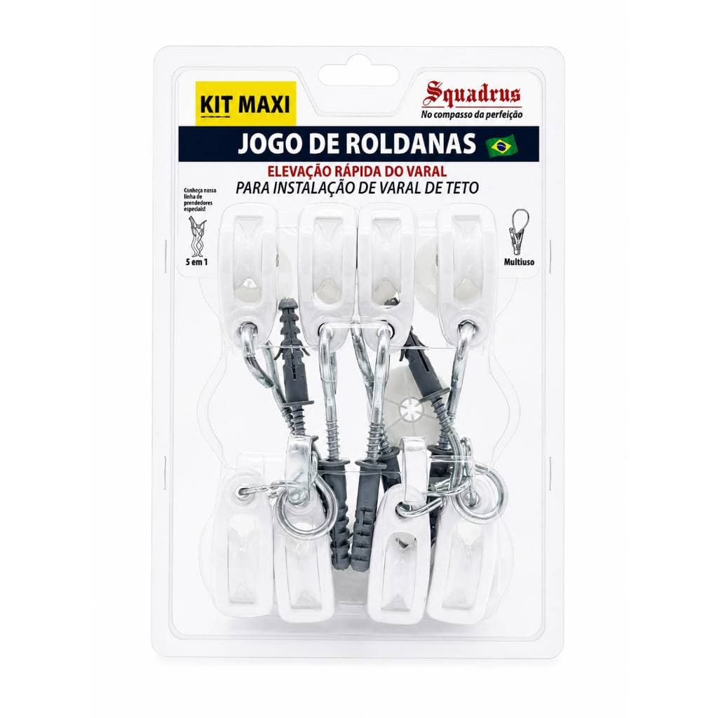 Kit Roldana Varal De Teto Super Reforçada 100% Polietileno Virgem + Buchas Elevação Rápida Completo