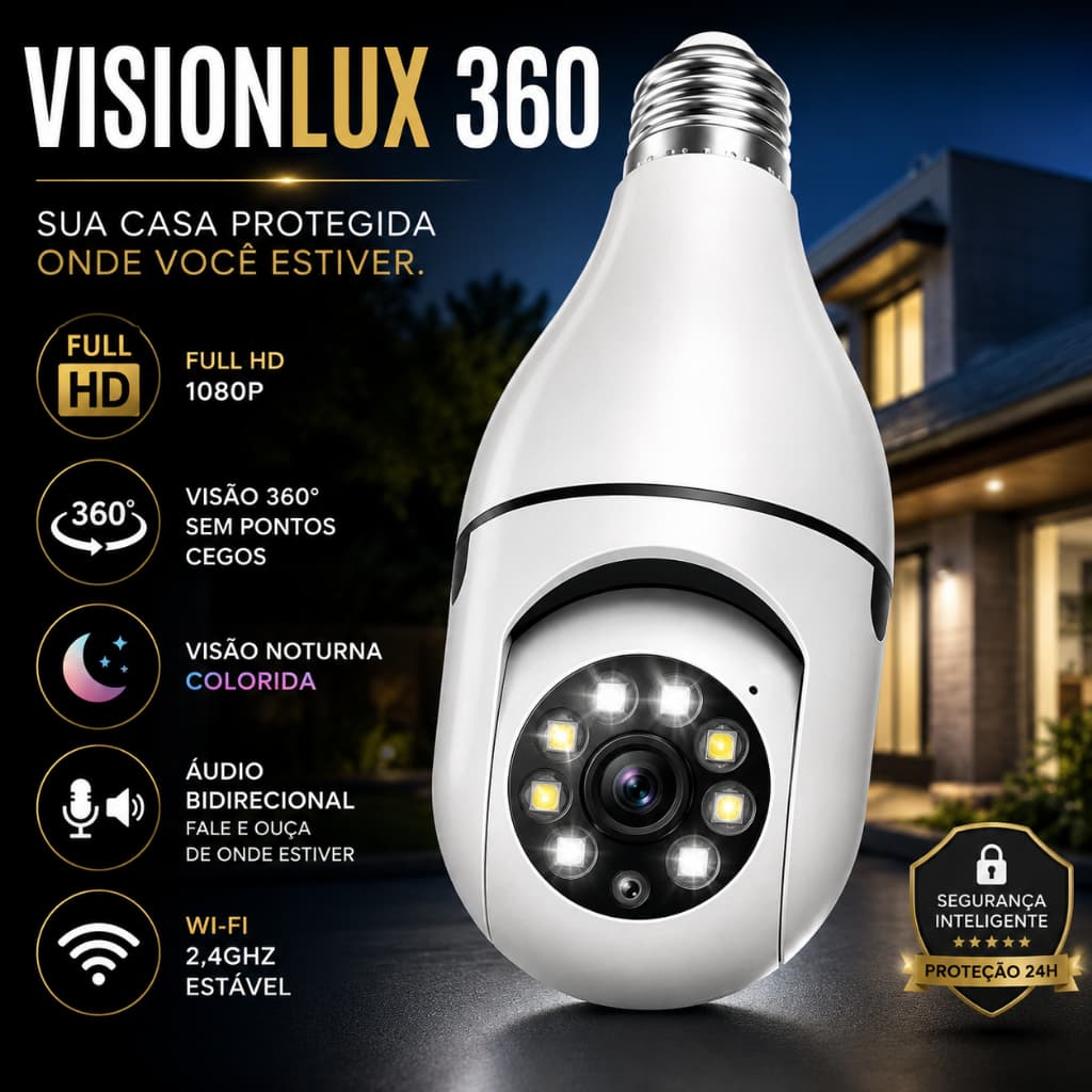 1 Unidade Câmera Lâmpada WiFi 360° Full HD 1080P Segurança IP Visão Noturna Controle App Bivolt