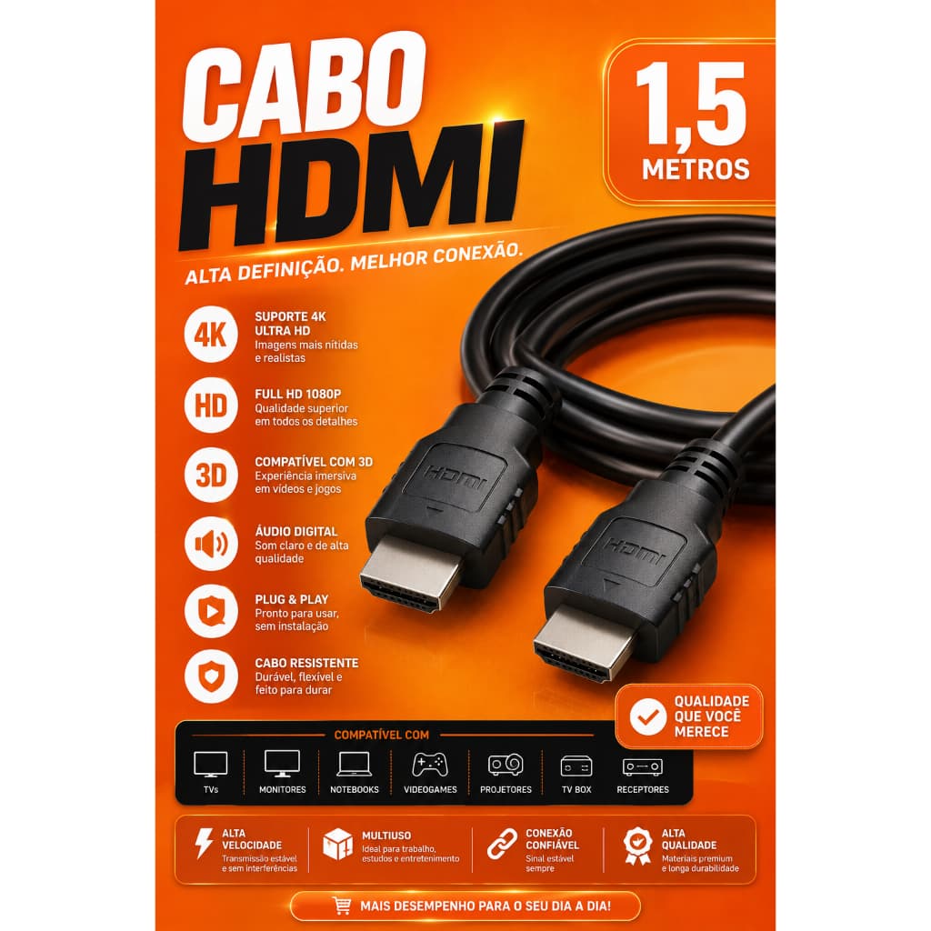 Cabo HDMI 1,5 Metros – Alta Velocidade | Full HD, 4K, 3D e Áudio Digital