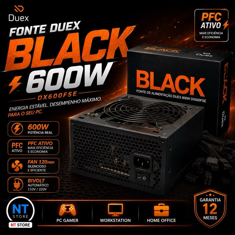Fonte ATX Duex Black 600W DX600FSE PFC Ativo Bivolt Para PC Gamer Com Fan 120mm