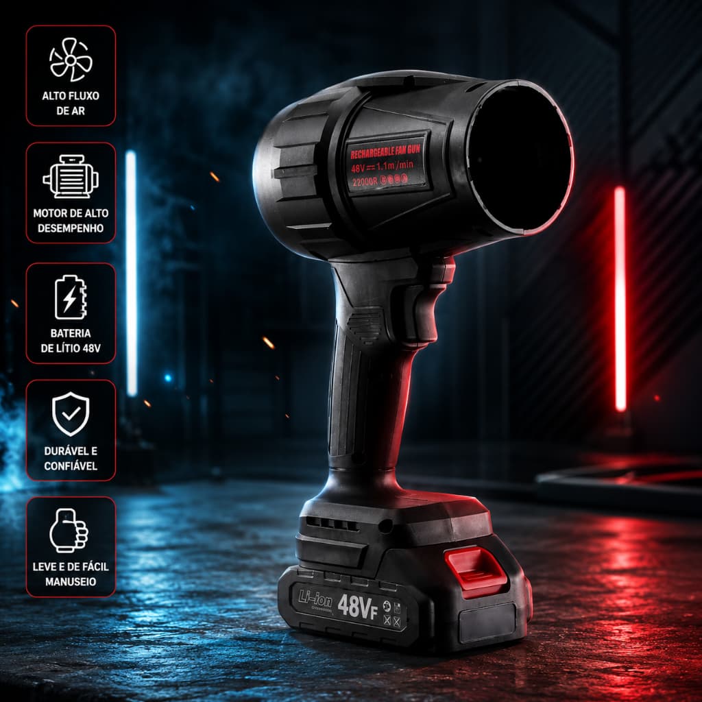 Soprador Portátil Recarregável Modelo Tufão 48V, acionamento por botão, kit completo com todos os acessórios inclusos