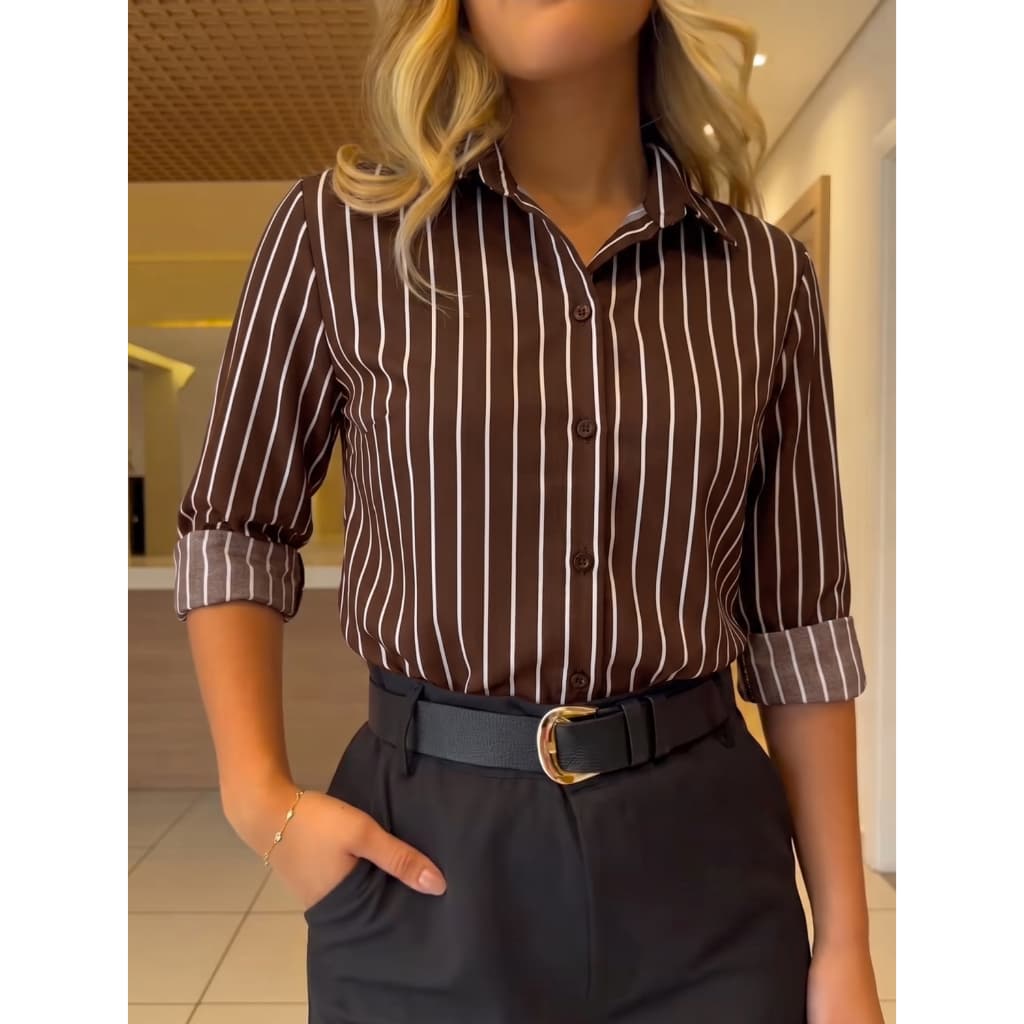 Camisa Blusa Social Feminina Manga Comprida Crepinho Liso Premium e Duna Listrado Manga Longa