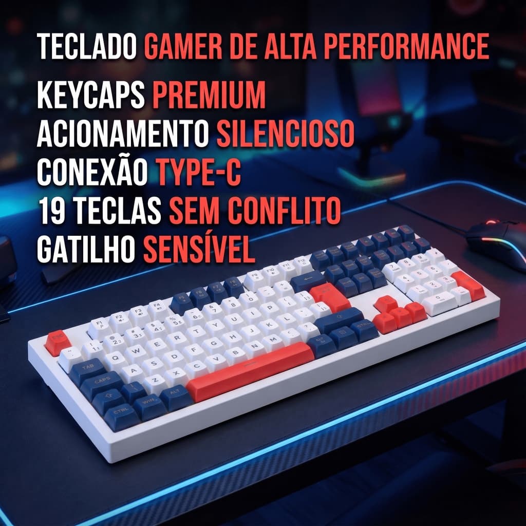 Teclado Estético Com Fio Para Jogos Retroiluminado RGB 111 Teclas Layout Português ABNT2, Design Ergonômico e Responsivo
