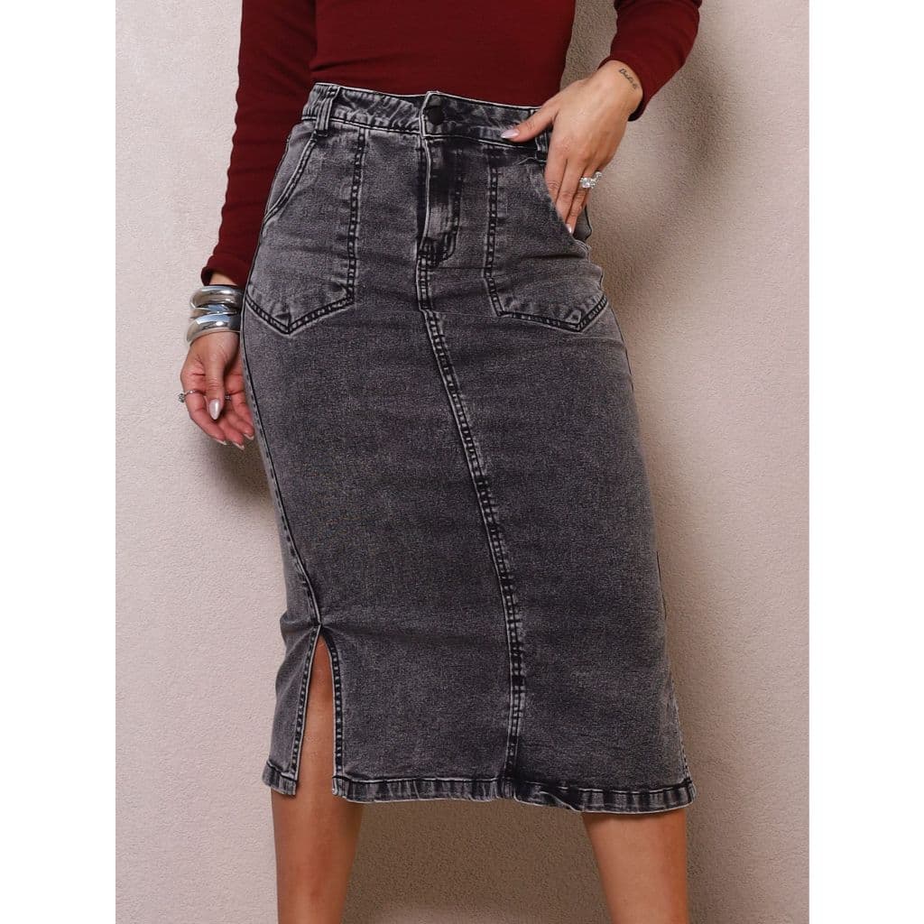 Saia Midi Jeans Black Com Lycra Com Fendas Laterais Modéstia Igreja Modesta
