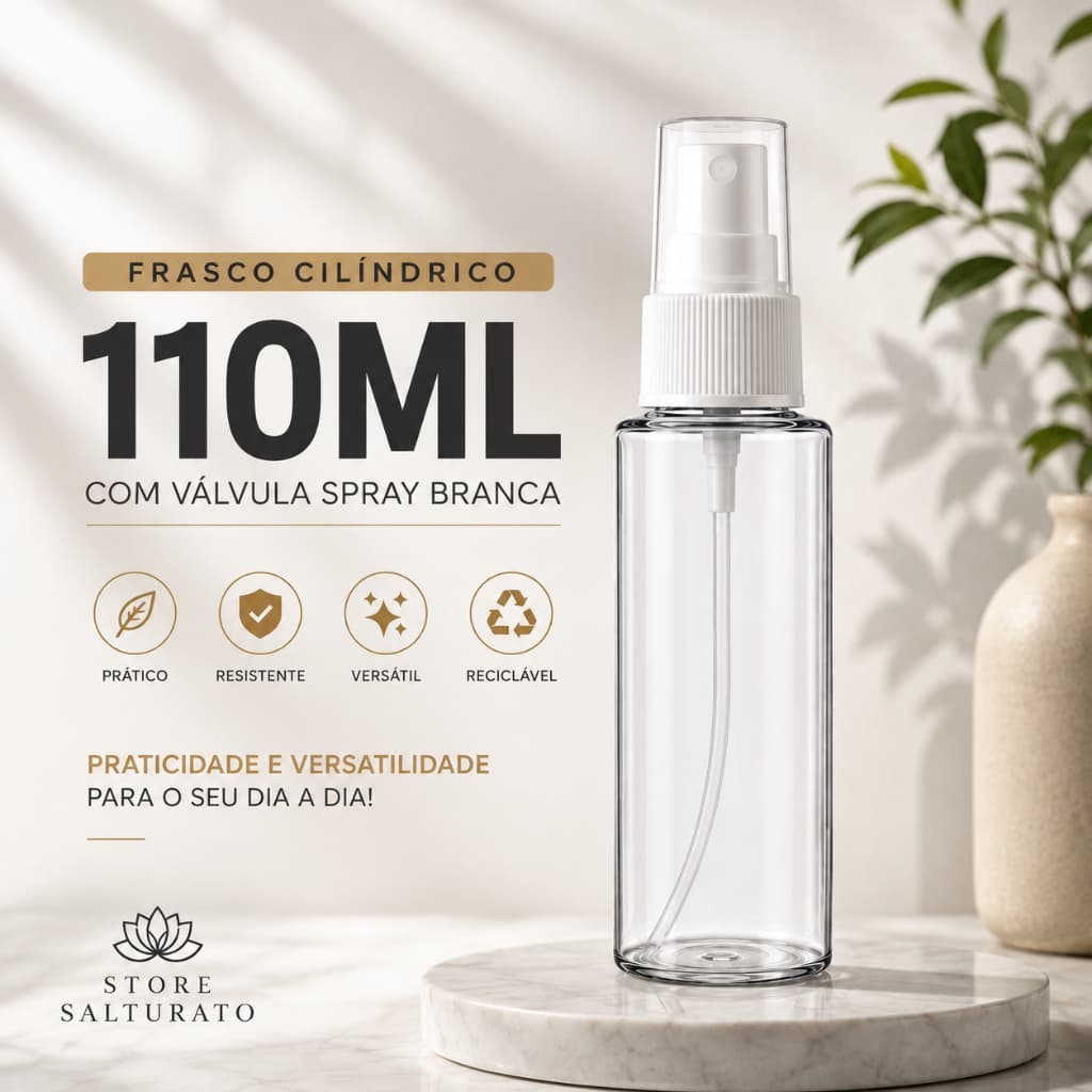 Frasco Pet Cilíndrico 110ml com Válvula Spray Branco para Perfumes, Cheirinhos, Tônico capilar e Home Spray