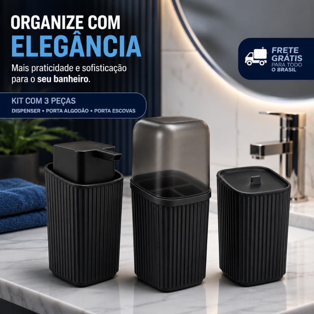 Kit 3 Acessórios Banheiro com Dispenser Sabonete Líquido, Porta Algodão e Porta Escovas Av - FULL
