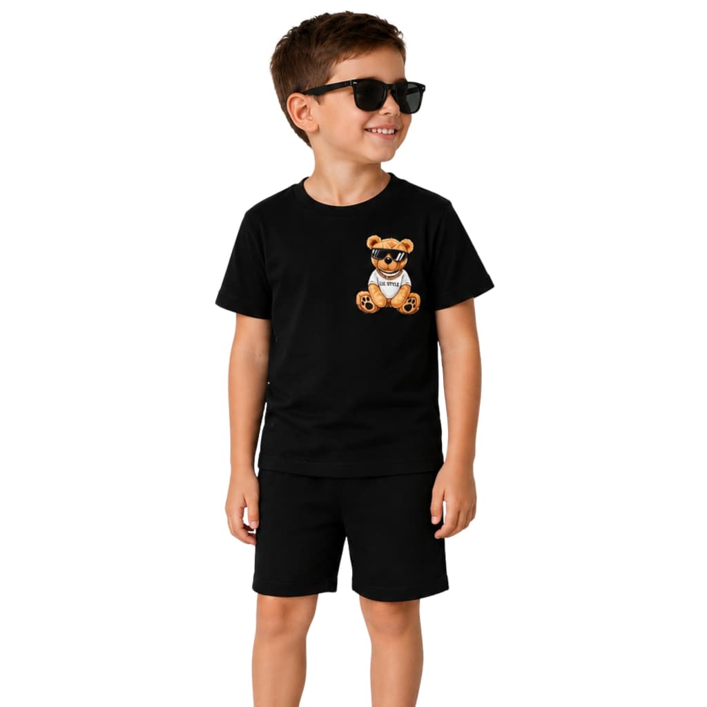 Conjunto Masculino Infantil Menino Urso Bermuda e Camiseta Minimalista Básico Verão