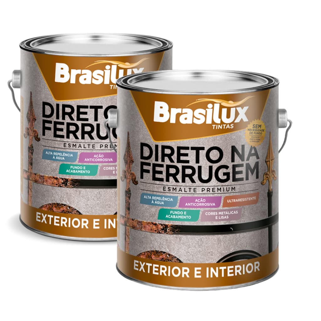 Kit 2 Tintas Esmalte Premium Brasilux Direto na Ferrugem 3,6l Anticorrosiva para Ferro Interior e Exterior