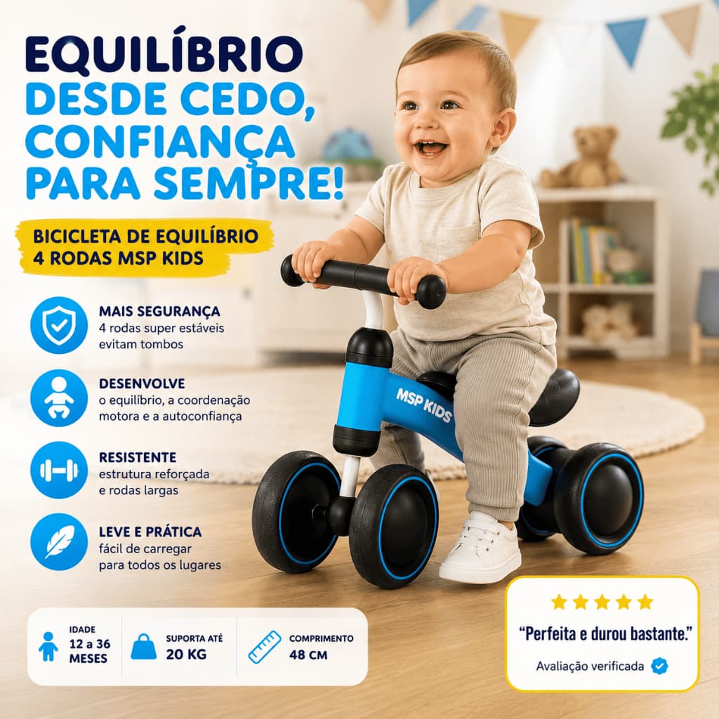 B4K Bicicleta de Equilíbrio Infantil 4 Rodas Triciclo Bebê Sem Pedal Balance Bike Desenvolvimento Coordenação Motor