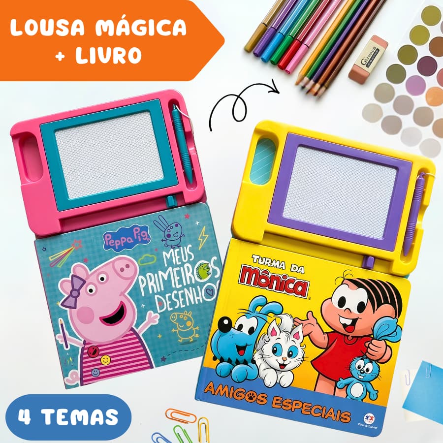 Lousa Magnética Mágica Com Livro Educativo Personagem Brinquedo Infantil Mônica Peppa