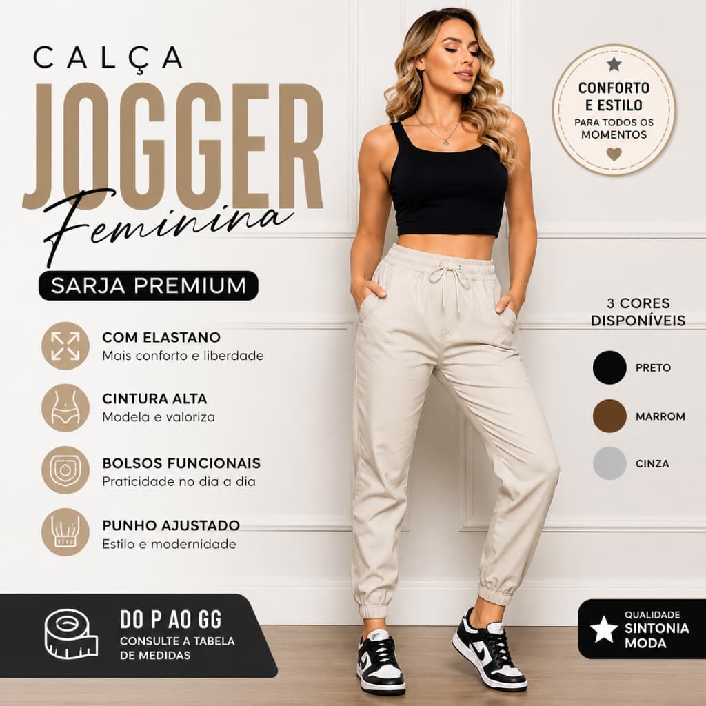 Calça Jogger Feminina Sarja Premium com Elastano Cintura Alta Bolso Punho Ajustado