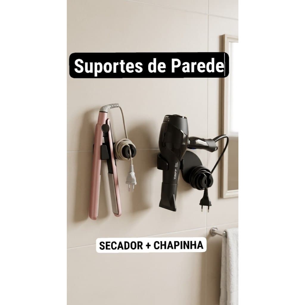 kit suportes secador de cabelo e chapinha de cabelo, leve, com facil fixação, suportes organizdores