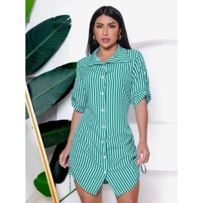 Vestido Chemise Feminino Listrado com Botões – Manga Curta Estilo Blogueira | Elegante e Atemporal