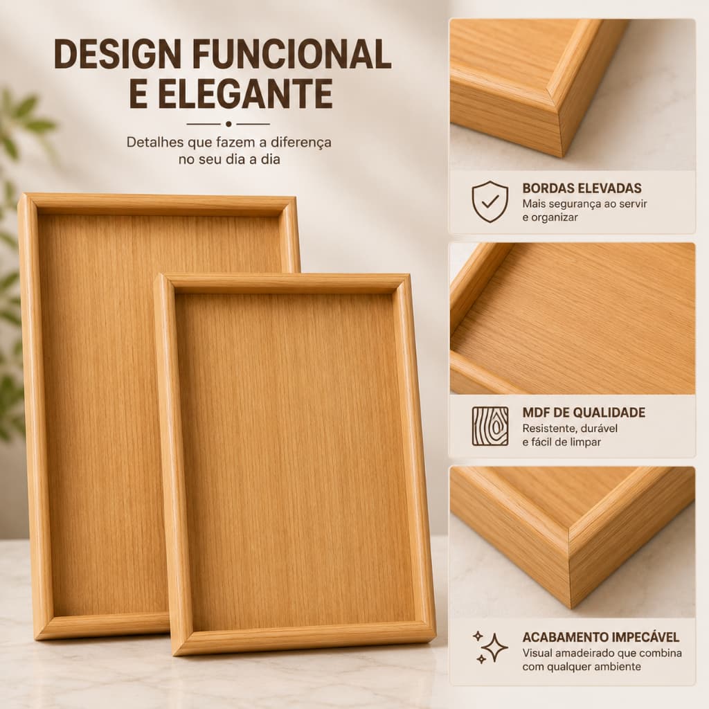 Bandejas Retangulares Decorativas MDF Madeira Kit 2 Unidades Para Servir Organizar E Decorar Ambientes