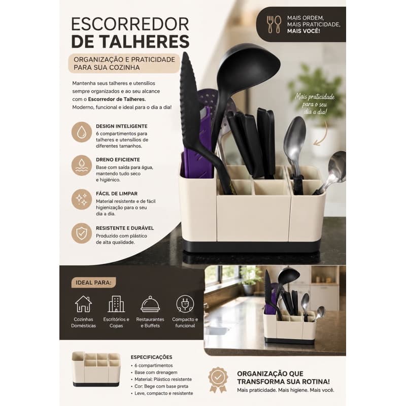 Organizador de Utensílios de Cozinha com Divisórias Móveis Porta Talheres e Escorredor de Bancada Porta escovas de dente