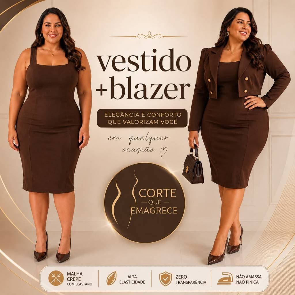VESTIDO FEMININO COM BLAIZER CONJUNTO MID CASACO VESTIDO TUBINHO MODA EVANGELICA ELEGANTE FESTA SOCIAL PLUS SIZE