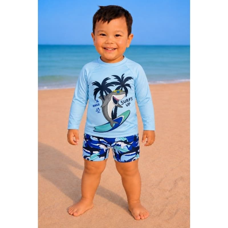 Conjunto Praia Bebê Menino Camiseta UV 50+ Manga Longa + Sunga Box