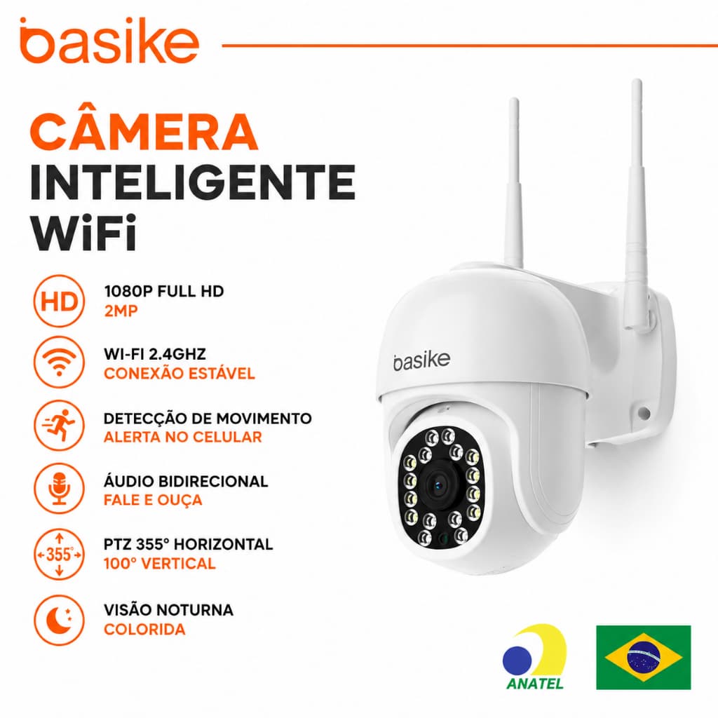Basike Câmera WiFi Externa 1080P IP66 PTZ Yoosee 16 LEDs Visão Noturna Colorida Detecção de Movimento
