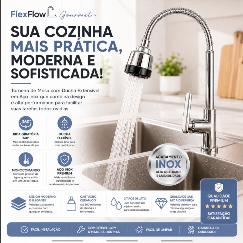 Torneira Gourmet FlexFlow Pro™ de Mesa com Ducha Flexível para Cozinha em Inox 360°