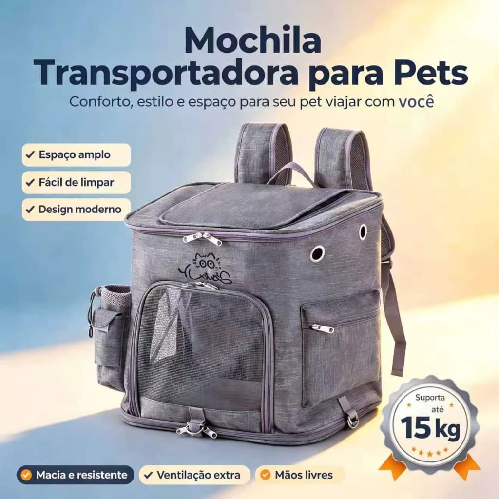 Mochila Pet | Caixa de Transporte Gatos Grandes e Cães Pequenos, Grande, Boa Ventilação, Ideal para Viagens
