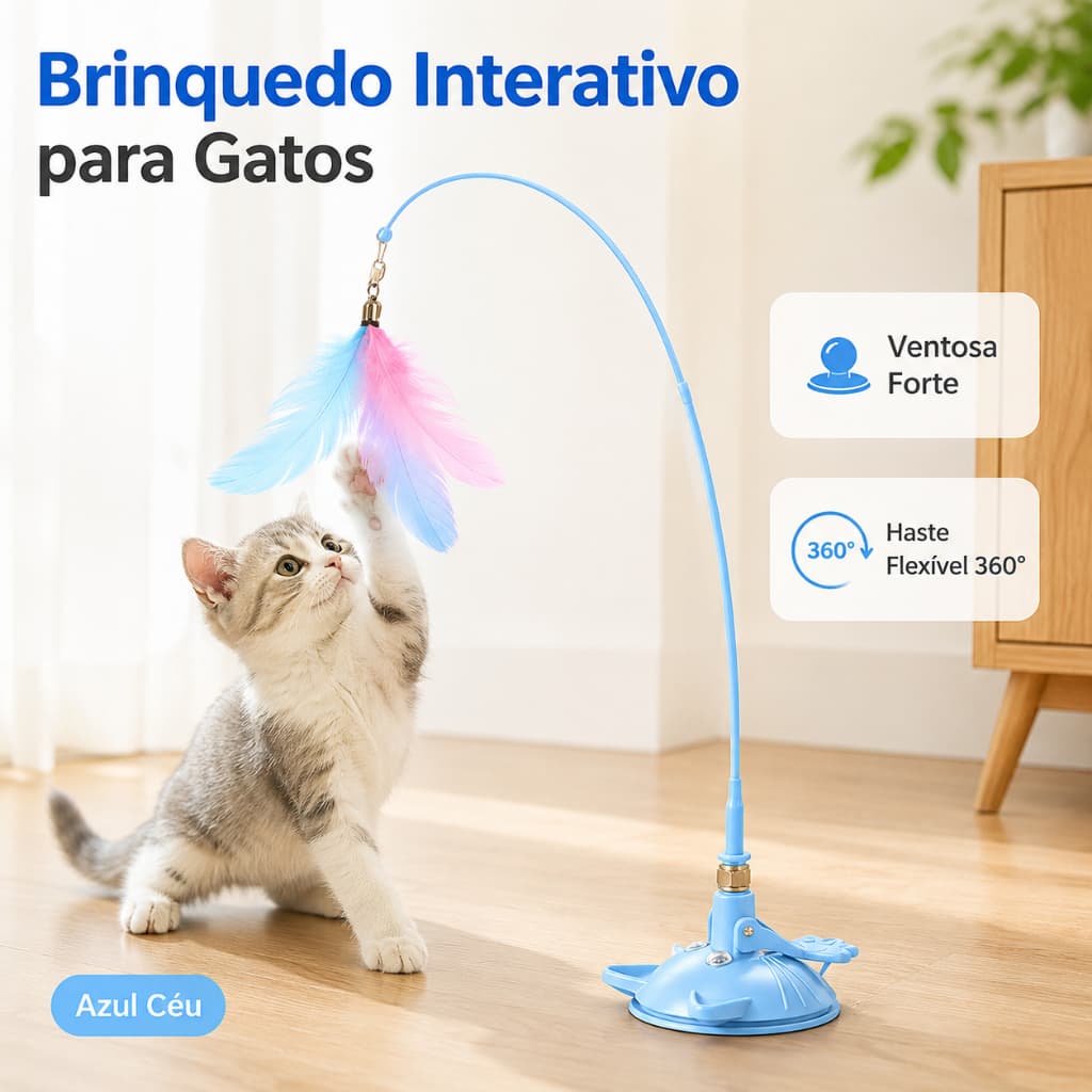 Varinha Interativa para Gatos com Ventosa e Haste Flexível 360° – Azul Céu