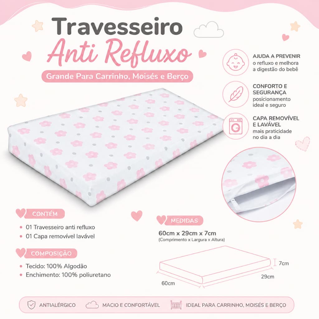 Travesseiro Anti Refluxo Grande Para Carrinho Moises Antialérgico com Capa Lavável (Capa + Enchimento)