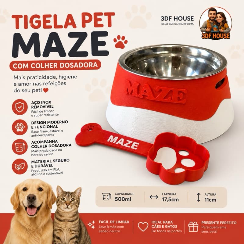 Tigela Pet Personalizada 500ml com Nome + Colher Dosadora 3D | Comedouro em Aço Inox para Cães e Gatos