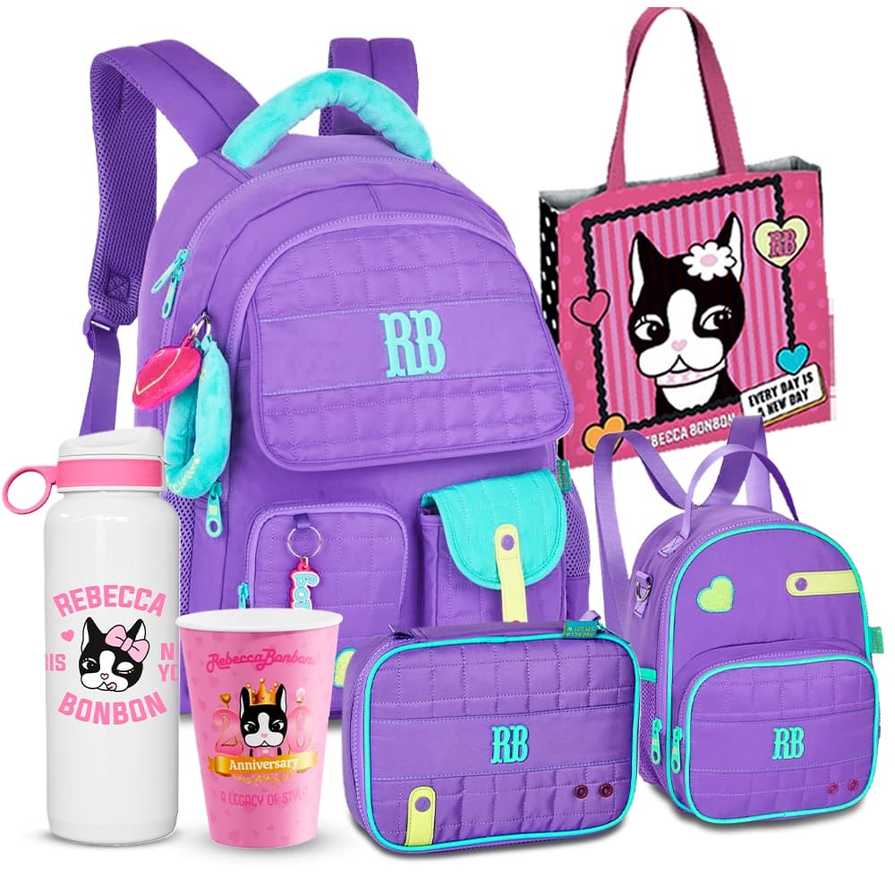 Kit Mochila RB Estojo Lancheira Metalizada Rebecca Bonbon Com Copo RB