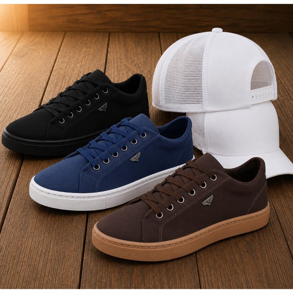 Kit 3 Pares de Tênis Casual Masculino + Boné Trucker | Boné em 5 Cores | Conforto e Estilo