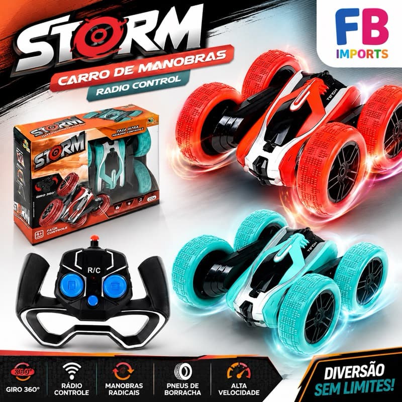 Carrinho Controle Remoto Giro 360° Storm ArtBrink | Carro RC Acrobático com Controle Remoto | Manobras Radicais Infantil