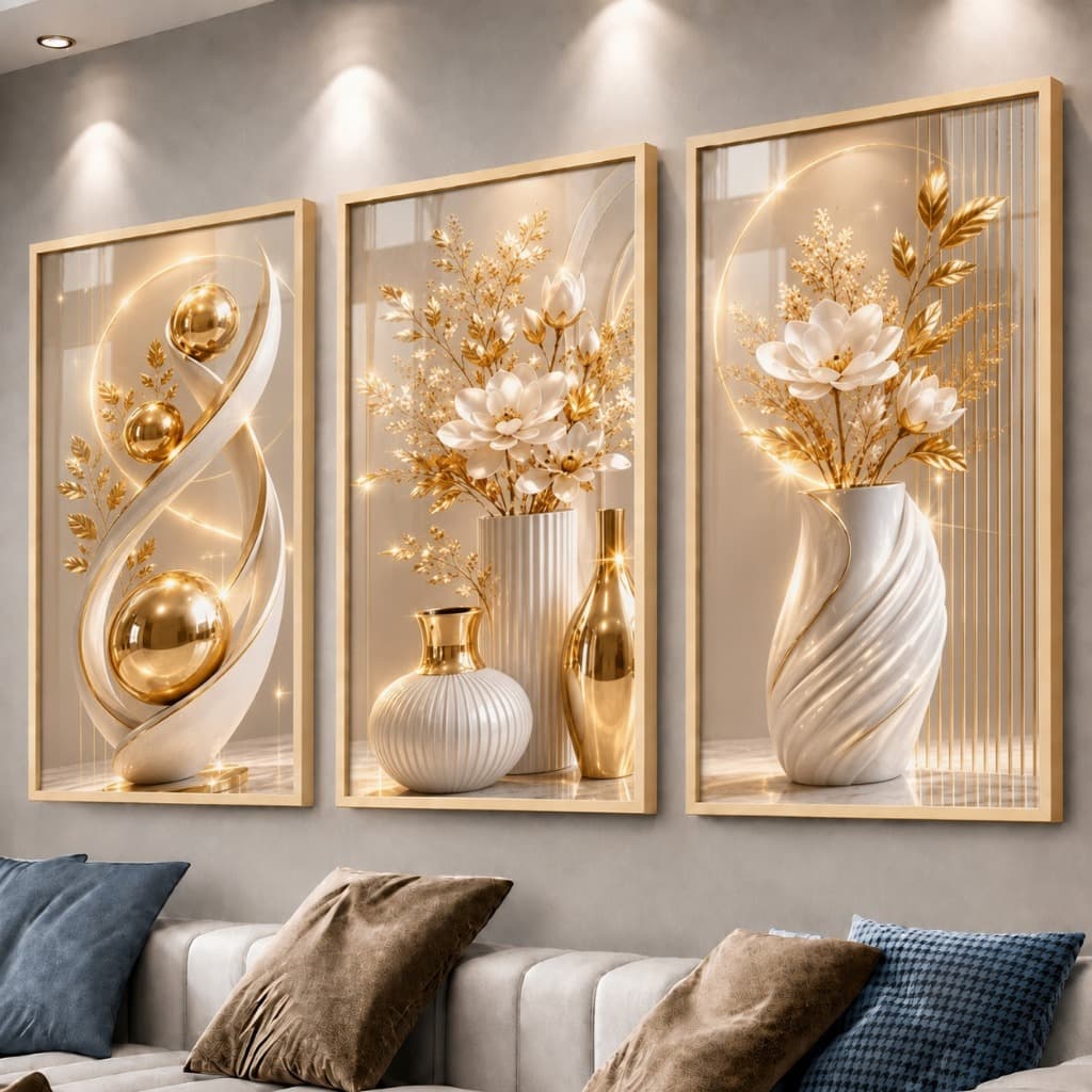 Kit 3 Quadros Decorativos Modernos com Vasos Brancos Flores Douradas e Escultura Abstrata para Sala Quarto Escritório Lu