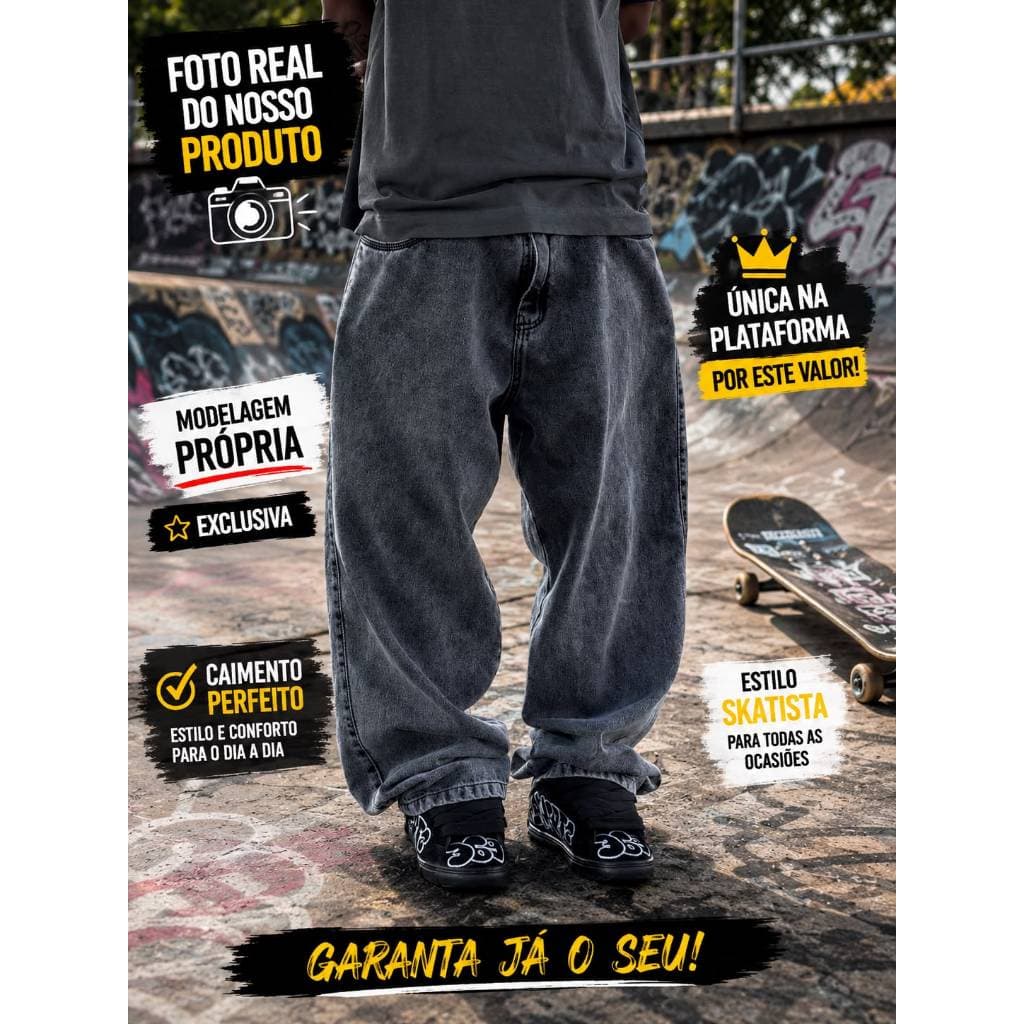 Calça balão baggy Jeans Grafite Boca Larga Oversized Moda Masculina Feminina Streetwear Skate