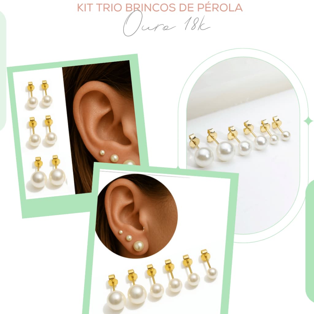 Kit 3 Pares Brincos Pérola Feminino Banhado Ouro 18k Antialérgico Trio Delicado Elegante Moda Beleza