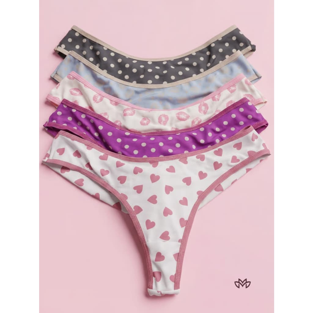 Kit com 5 Calcinha Fio Dental Estampada Feminina Cintura Media Micofibra com Forro