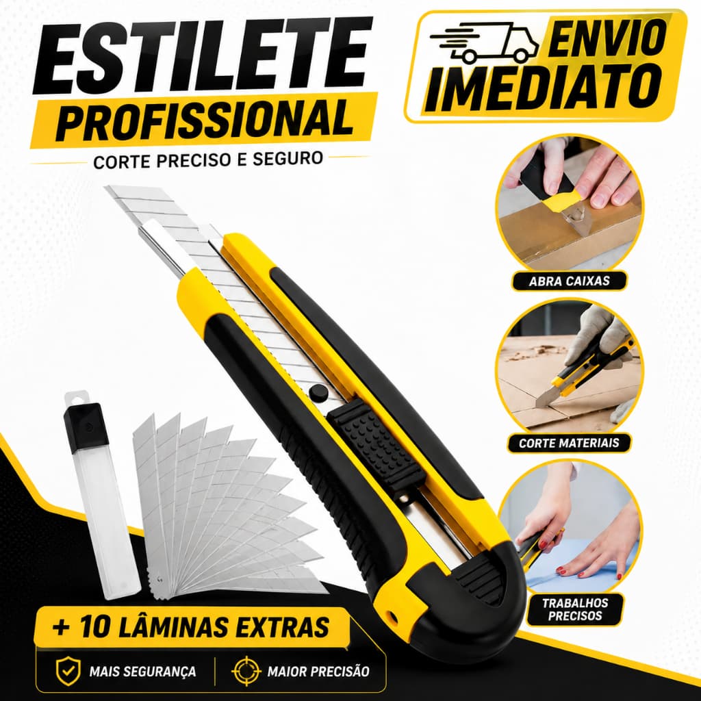 Estilete Profissional 18mm Emborrachado - Precisão, Conforto - 10 Lâminas extras