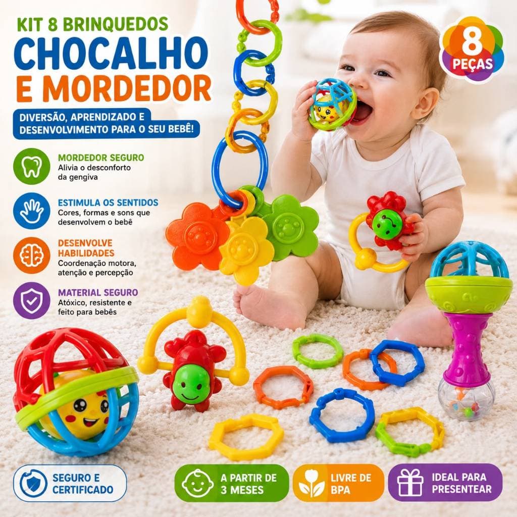 Kit 8 Bebê Chocalho Mordedor Silicone Bolinha Sensorial Móbile para Berço Brinquedo Menino Menina