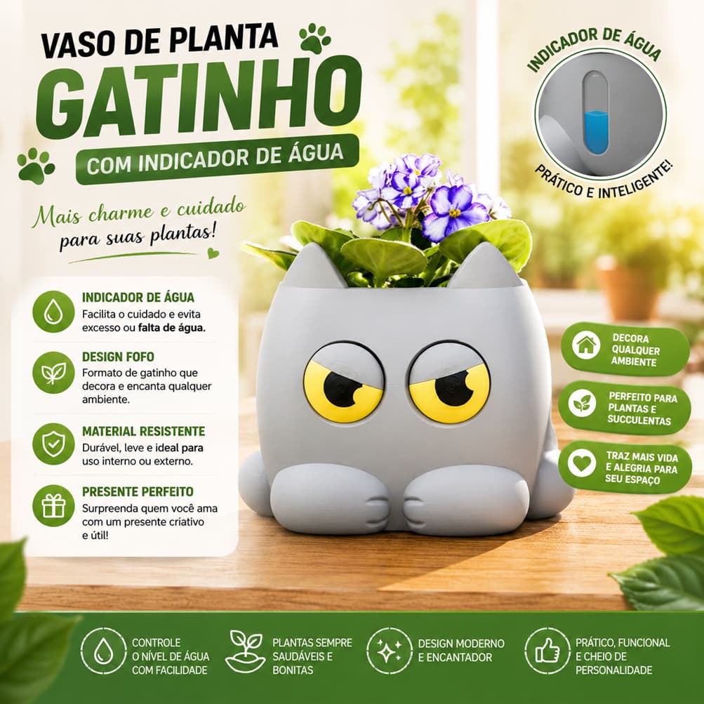 Vaso De Planta Gatinho Com Indicador De Água Decorativo