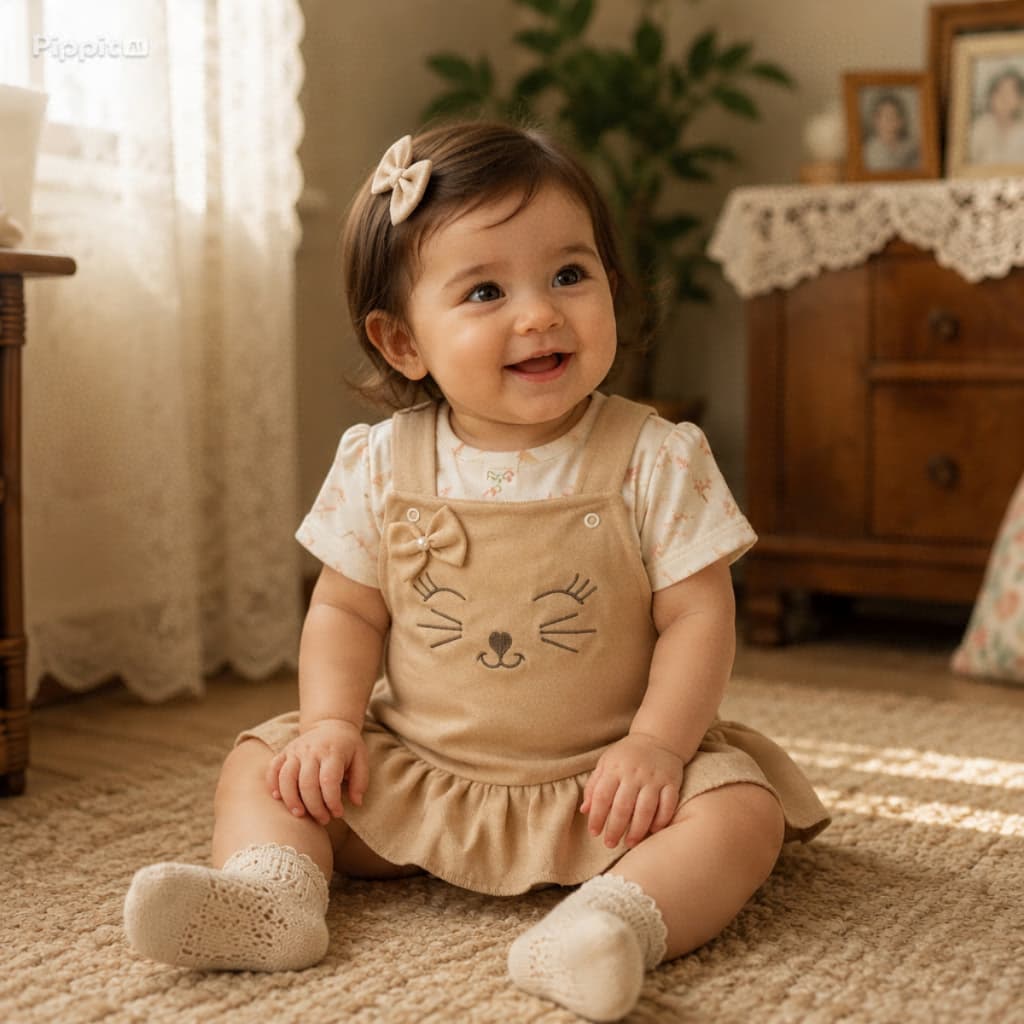 Conjunto para Bebê Menina Salopete Sarja Bordada Gatinha + Camisa Ribana Estampada Verão