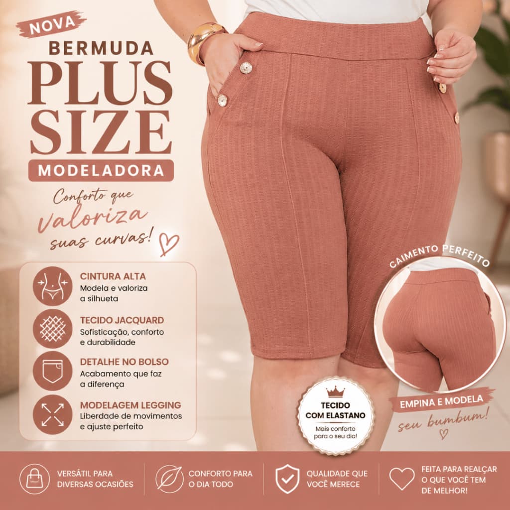 Bemuda feminimo legging jacquard Pluis Seze Cintura alta modeladora com tetalhe no bolso
