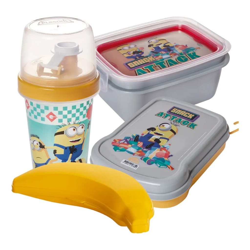 Kit Lancheira Marmita 630ml Com Porta Lanche E Garrafa Shakeira 320ml E Pote Banana Organização Escolar Infantil Bpa