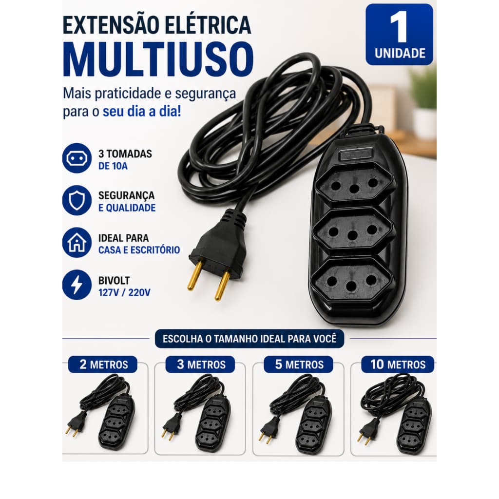 Extensão Elétrica com 3 Tomadas 127/220V - 2 - 3 - 5 - 10 metros.
