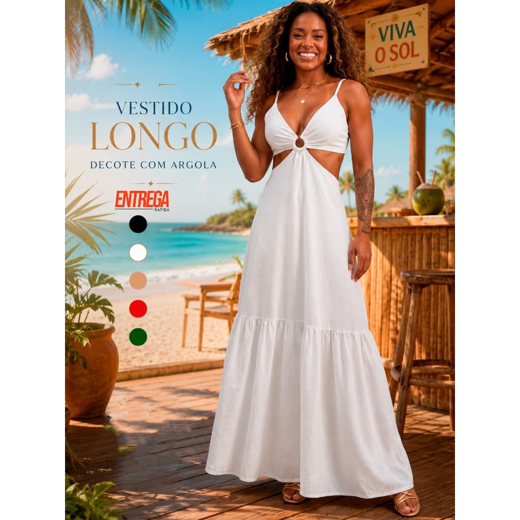Vestido Longo Feminino Liso Elegante Decote com Argola Costas Nua Tecido Duna Soltinho Alça Fina