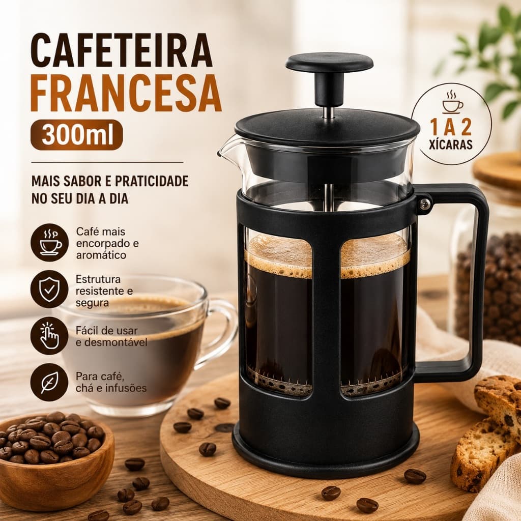 Cafeteira Francesa 300ml Prensa Francesa de Vidro com Filtro para Café Chá e Infusões