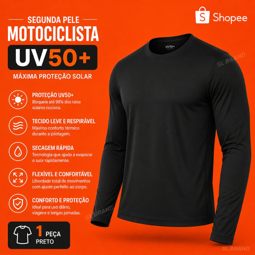 Camiseta Segunda Pele UV50+ Manga Longa Motociclista Dry Fit Elastano Treino Corrida Esportes Lazer Casual