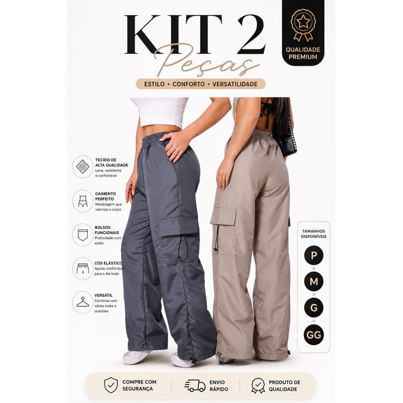 Kit 2 Calças Cargo Parachute Tactel Feminina com  Bolsos laterais ajuste na barra Estilo Street e Conforto Moda Gringa