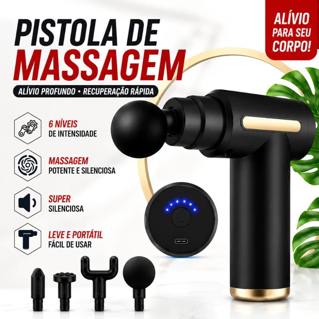 Pistola de Massagem Muscular Mini Portátil 6 Níveis Silenciosa Recarregável USB 4 Cabeças