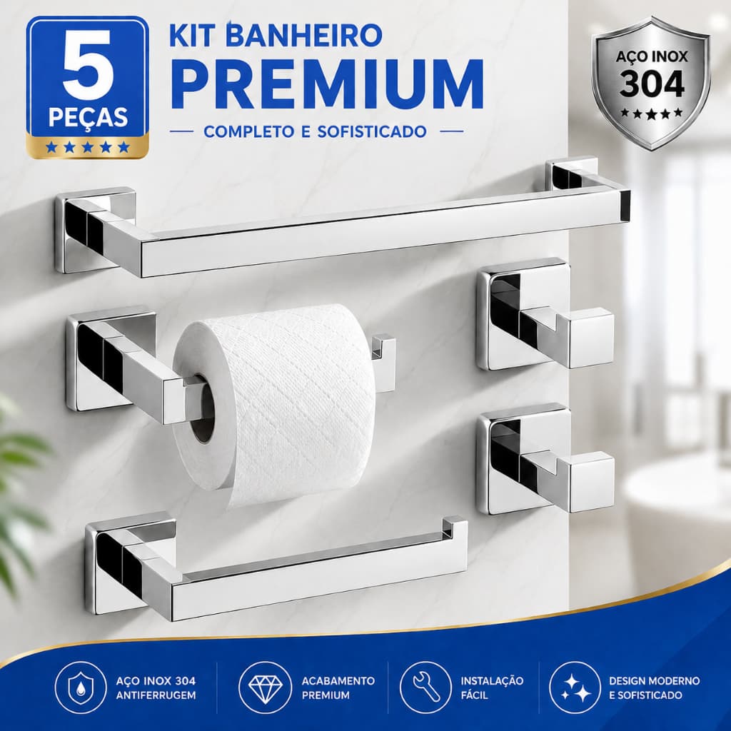 Kit Banheiro 5 Peças Inox 304 Toalheiro Duplo 60cm Premium Cromado