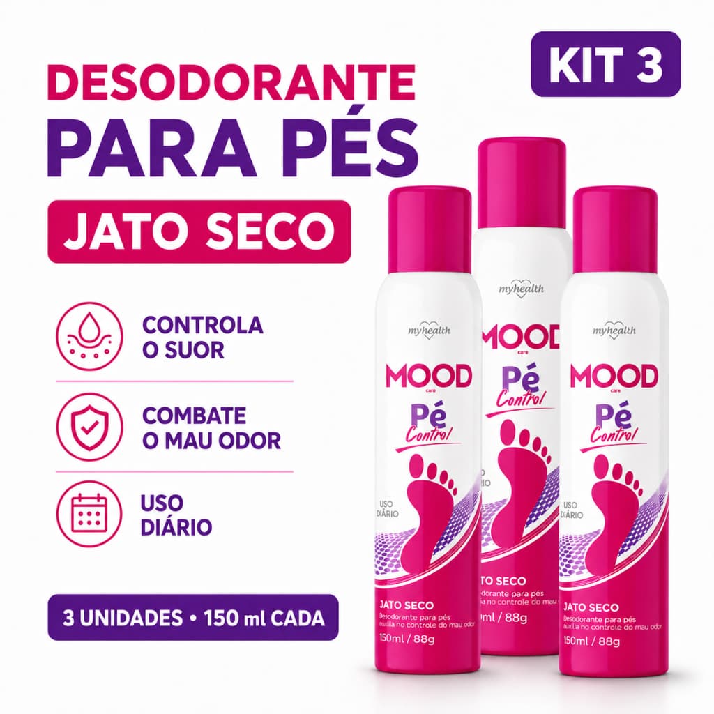 Kit 3 Desodorante para Pés Antitranspirante Spray 150ml Antiodor Jato Seco Longa Duração Mood Care Control