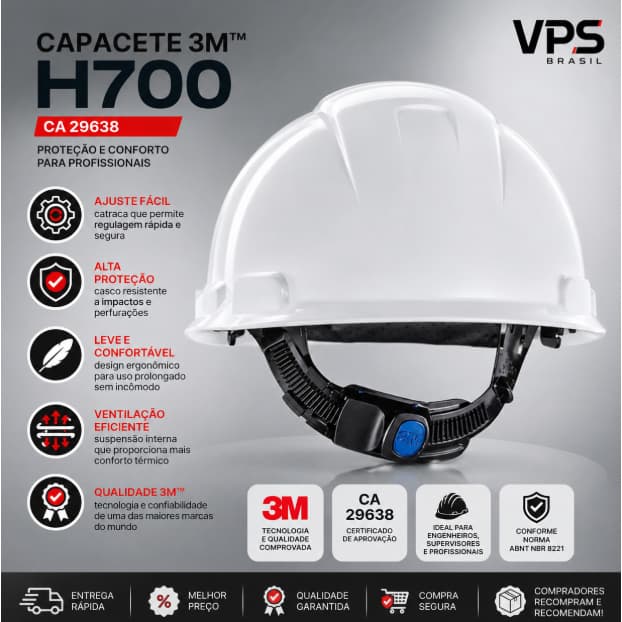 Capacete Segurança Branco 3M H700 Catraca Ajuste Fácil CA 29638 EPI Engenheiro Obras