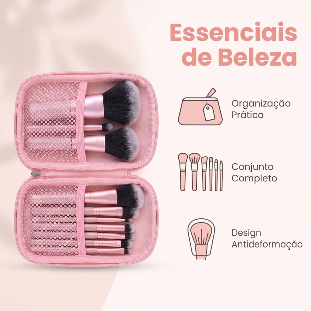 Kit Pincéis de Maquiagem Portátil com Estojo de Tela de Rede, 3 Cores para Viagem e Uso Diário